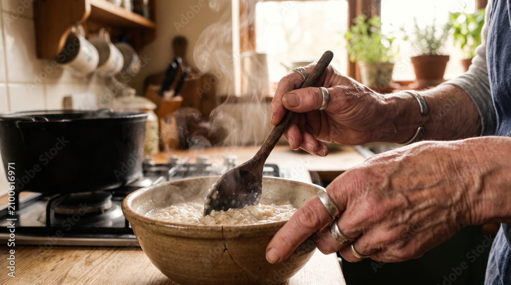 Fototapeta premium Elderly hands stirring ingredients in a ceramic bowl with a wooden spoon in a rustic kitchen.