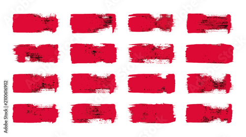 Grunge red paint brush strokes, set of 16 textured ink smears, distressed crimson acrylic swatches for artistic design and branding