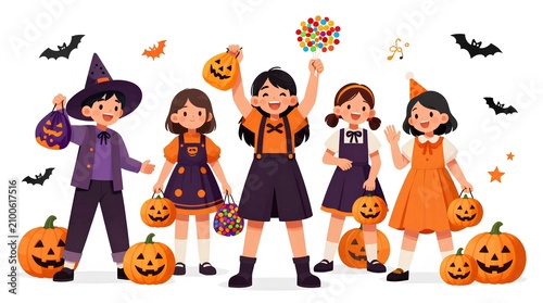 Happy Children in Halloween Costumes Celebrating Trick or Treat with Pumpkin Baskets