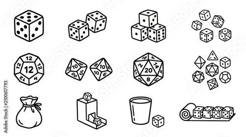 Tableau sur toile Collection of Dice and Gaming Accessories Hand Drawn Style.