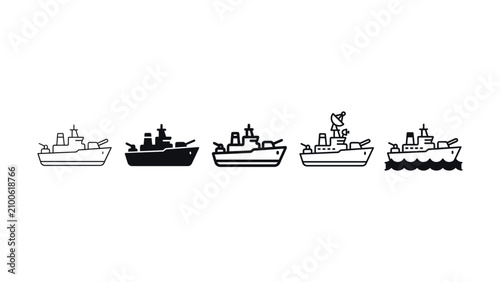 Foto Set of military warship icons in outline and solid vector styles