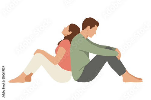 Tableau sur toile Sad Couple Sitting Back to Back, Relationship Problems Vector Illustration