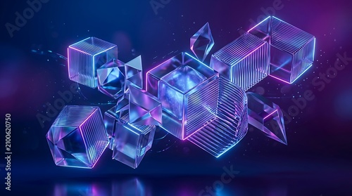 Futuristic Abstract Neon Glass Waves with Glowing Purple and Blue Light in 3D Digital Technology Background