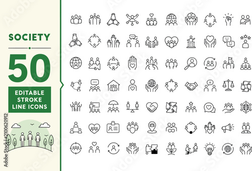 Tablou pe pânză Social society and community relationships thin line icon set