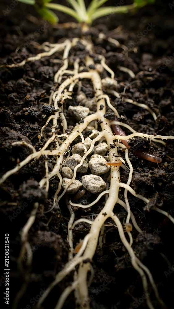 Fototapeta premium Close-up of plant roots growing in soil with small stones and organic debris for gardening and nature study