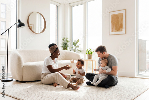 Young diverse family with toddler and baby playing with wooden toys on living room rug, enjoying togetherness and happy moments in modern minimalist home interior