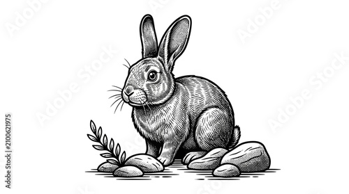 Fotografie Cute rabbit sitting on stones outside.