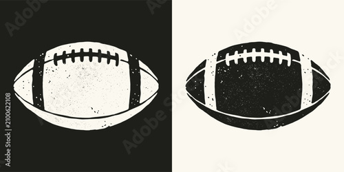 Vintage distressed American football ball illustration in black and white icon style