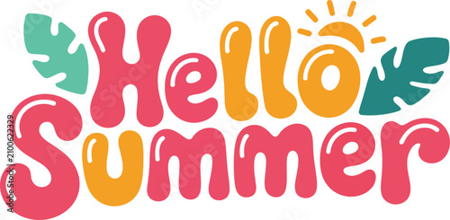 Hello Summer Retro Hand Lettering Typography Vector with Colorful Calligraphy, Beach Sunshine Seasonal Quote Design