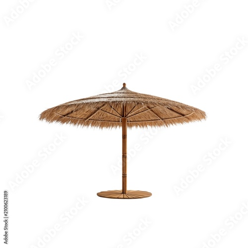 Beach umbrella constructed from natural straw provides shade during sunny summer days at a tropical resort, featuring a tall wooden pole and wide canopy designed for outdoor relaxation and comfort.