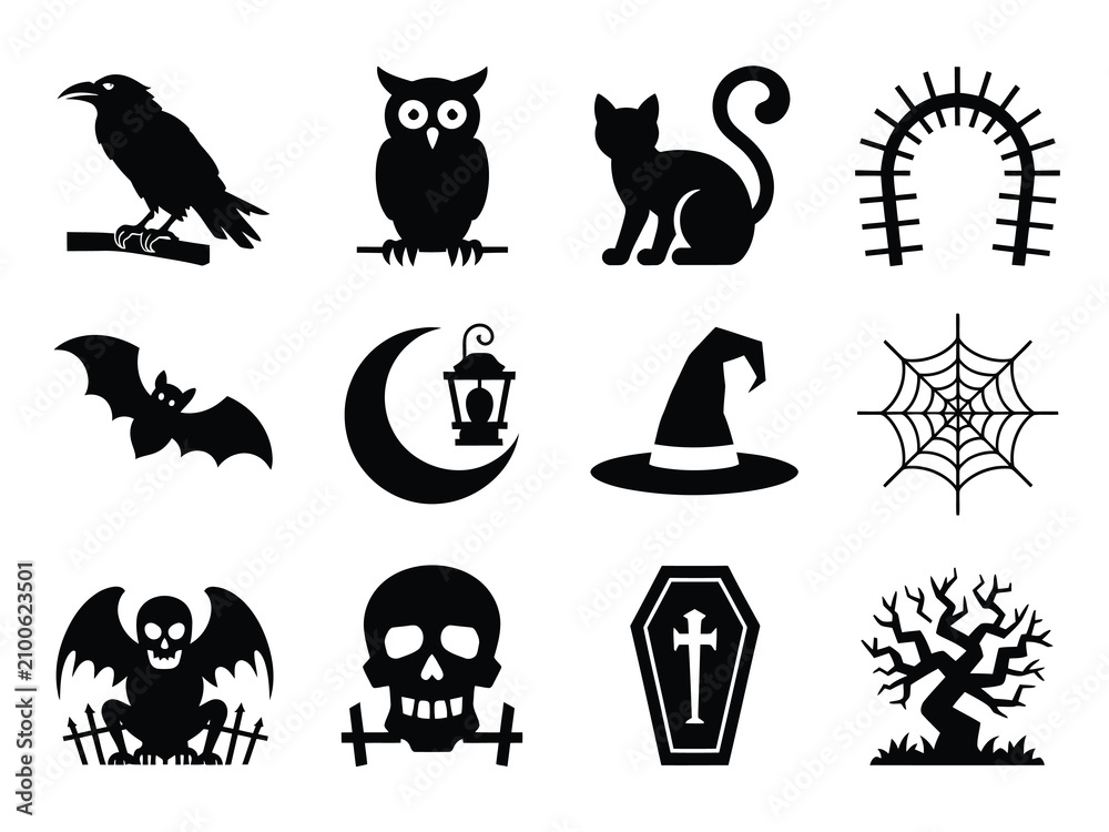 Fototapeta premium Halloween icons including animals and spooky symbols on white background