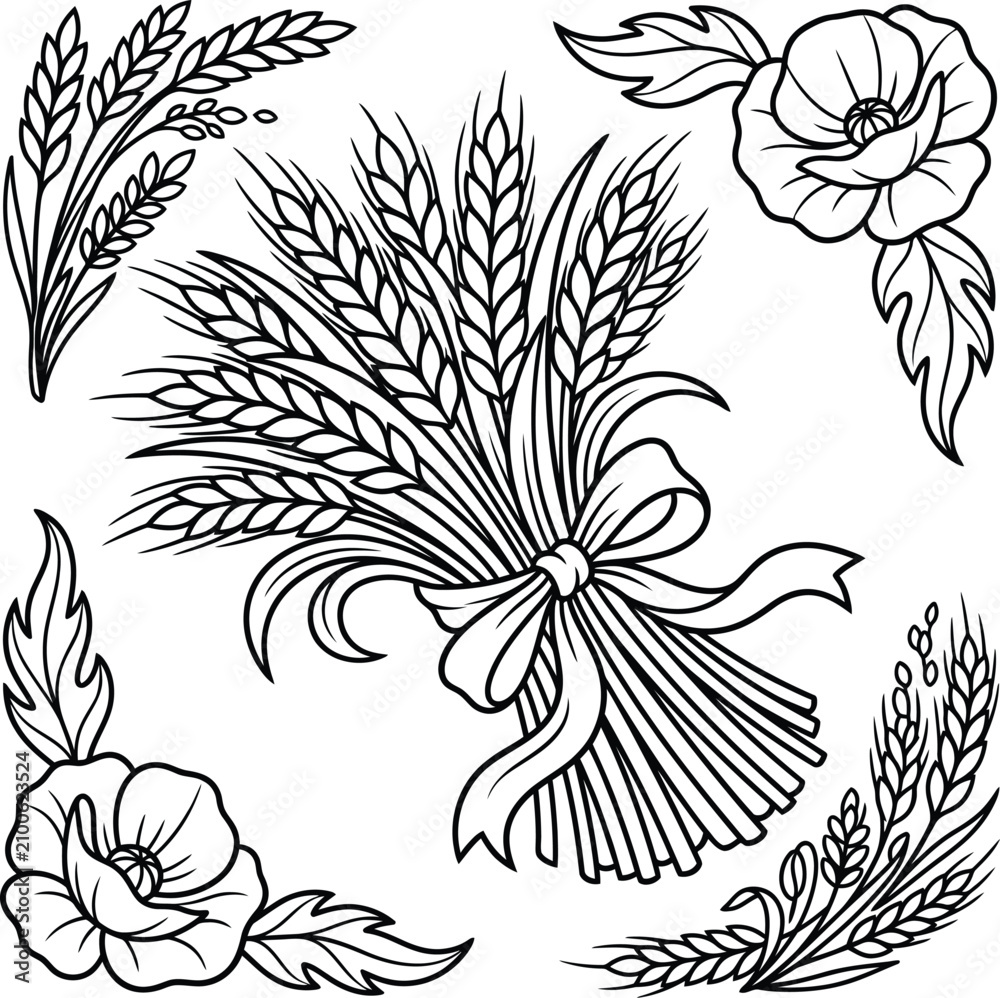 Obraz premium An intricate black and white rendering of a harvested wheat group tied with a ribbon and decorated with poppies.