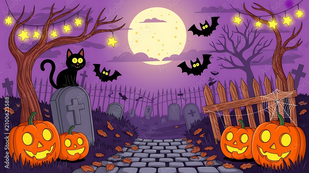 Fototapeta premium Spooky halloween scene with haunted house jack o' lanterns and bats