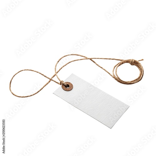 Price tag made of simple white paper with a rustic jute string loop sits isolated against a plain white background to serve as a versatile element for various retail and commercial design projects.