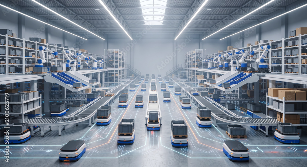 Obraz premium Autonomous Logistics Systems and Warehouse Automation Workflow.