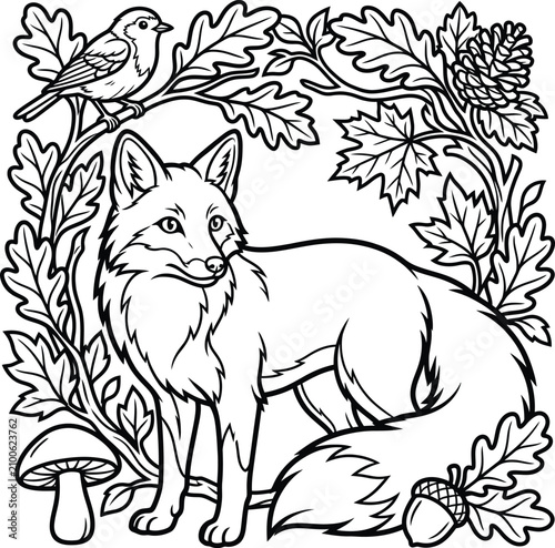 A intricate coloring page featuring a graceful fox standing under oak leaves and branches.