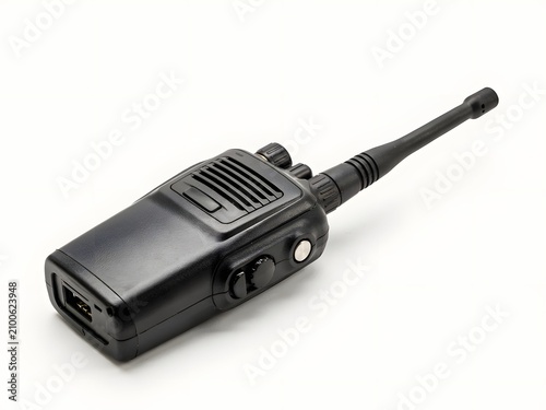 Black portable walkie-talkie for security, emergency, and professional communication, isolated on white background