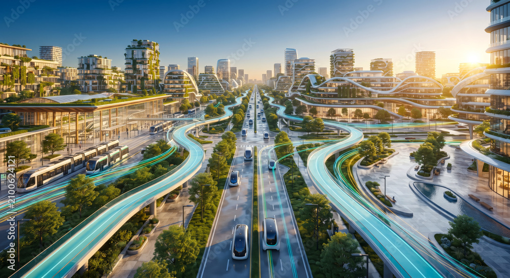 Fototapeta premium Intelligent Urban Mobility in a Green Futuristic Smart City.