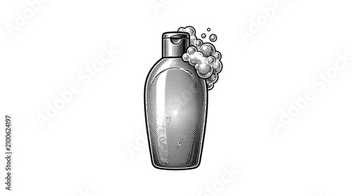 Photography Shampoo bottle with soap bubbles.