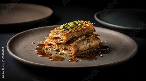 Delicious baklava dessert with pistachios and syrup on a plate.