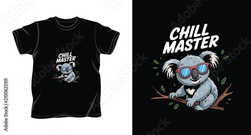 Tableau sur toile Cute koala character with sunglasses t shirt graphic design with chill master text and tropical leaves