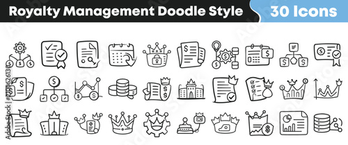 Photos Set of thirty hand drawn royalty management icons in doodle style