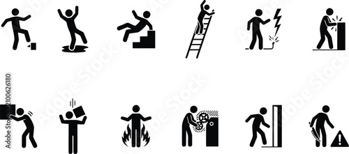 Quadro su tela Workplace safety pictograms hazard warnings and dangerous situation illustration