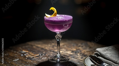 Elegant purple cocktail garnished with a lemon twist, served in a coupe glass on a rustic wooden surface.
