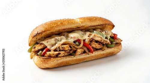 Fresh chicken steak sub sandwich with grilled peppers and melted cheese on a toasted baguette. Delicious chicken philly sandwich