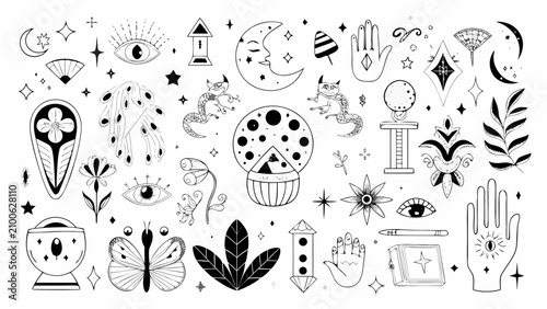 Tableau sur toile Mystical Line Art Collection Featuring Eyes Hands Celestial Bodies And Botanical
