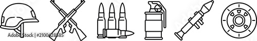 Foto Military Combat Equipment and Infantry Weapon Line Icon Set featuring Tactical H