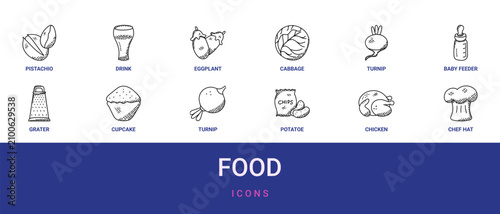 Fotografie Set of 12 outline web Food icons such as chef hat, chicken, potatoe, turnip, cup