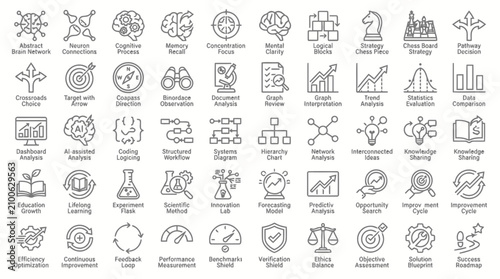 Icon collection of cognitive processes and strategic decision making for business analysis.