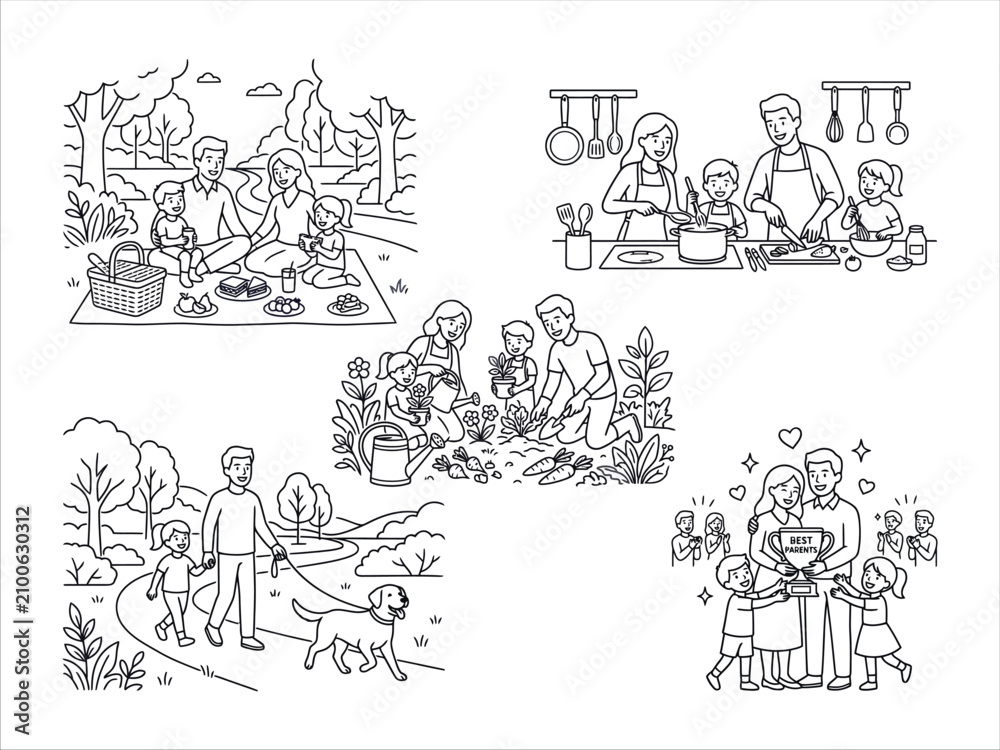 Obraz premium Set of coloring page illustrations showing happy family activities and daily life moments in line art