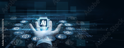 Canvas Print Tech specialist handhold Artificial Intelligence icon mapping futuristic networks