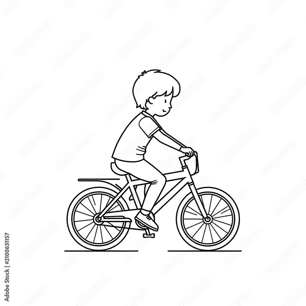 Fototapeta premium Boy riding a bicycle line art vector illustration cartoon kid cycling profile view