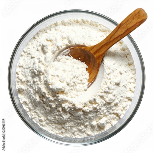 Overhead view of a wooden spoon scooping white powder from a glass bowl