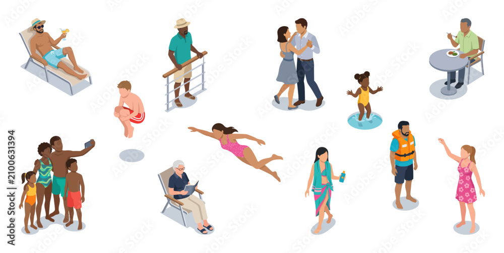 Fototapeta premium Cruise ship passengers relaxing, swimming, and dining on a vacation resort deck | Isometric vector character set