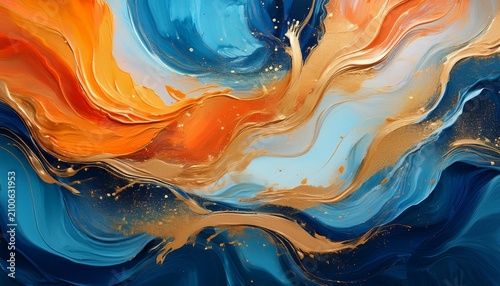 Vibrant Abstract Paint Splash With Flowing Blue And Orange Waves And Gold Texture Accents