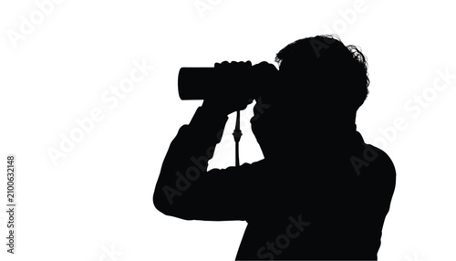 Observer silhouette holds binoculars to eyes while scanning the distant horizon for potential opportunities in a professional setting that requires careful attention to detail and strategic foresight.
