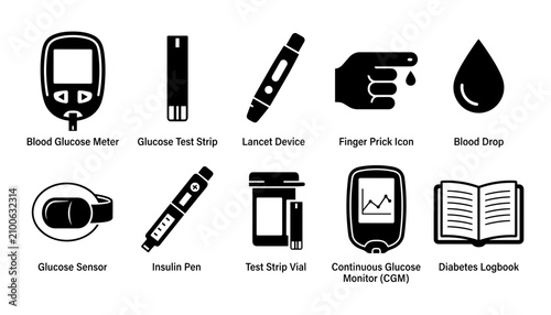 Foto Diabetes Monitoring Tools Including Glucose Meters, Test Strips, Insulin Pens, a