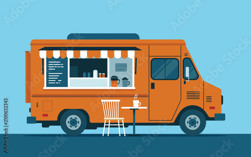Vector illustration of mobile food truck with outdoor seating and coffee table