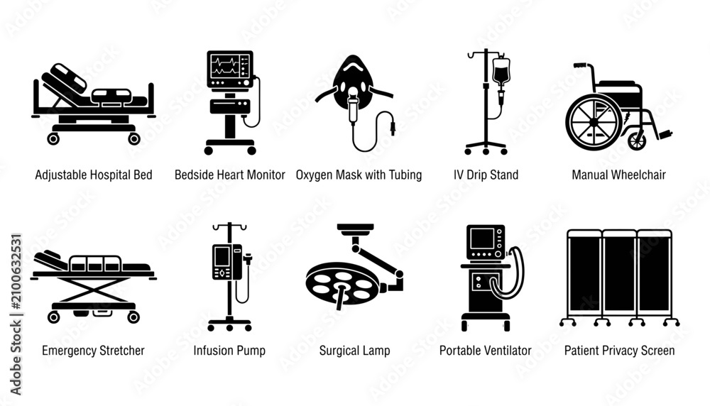 Fototapeta premium Medical Equipment Icons Including Adjustable Hospital Bed, Wheelchair, and Ventilator Featuring Monitor, Oxygen, Mask with Tubing