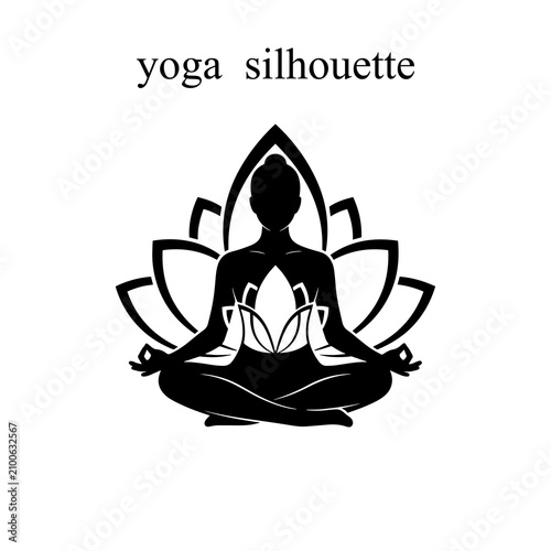 Black and white yoga silhouette meditating in a lotus position on a minimalist background