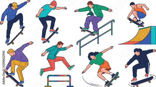 Foto Hand Drawn Skateboarder Collection with Skateboarding Tricks Extreme Sports and