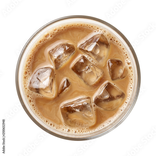Refreshing Iced Coffee with Cream and Ice Cubes, Top View, Isolated on White