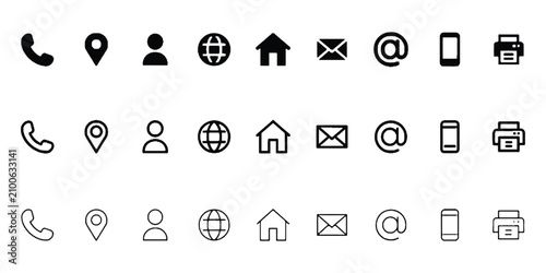Fotografía contact icon trio solid outline line contact information set