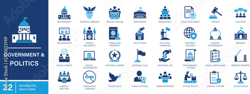 Government and Politics 32 editable fill icon set. Elections, parliament, diplomacy, legislation, democracy, justice and governance. Modern editable vector icons.