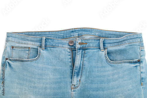 Blue jeans denim trousers close up isolated on white background