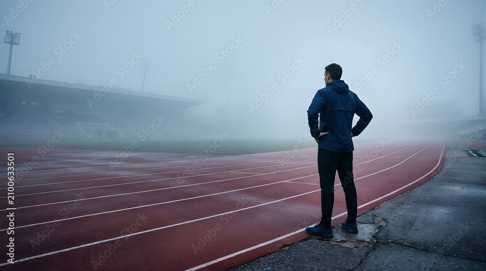 Obraz premium Young athlete man standing on running track at stadium in heavy fog